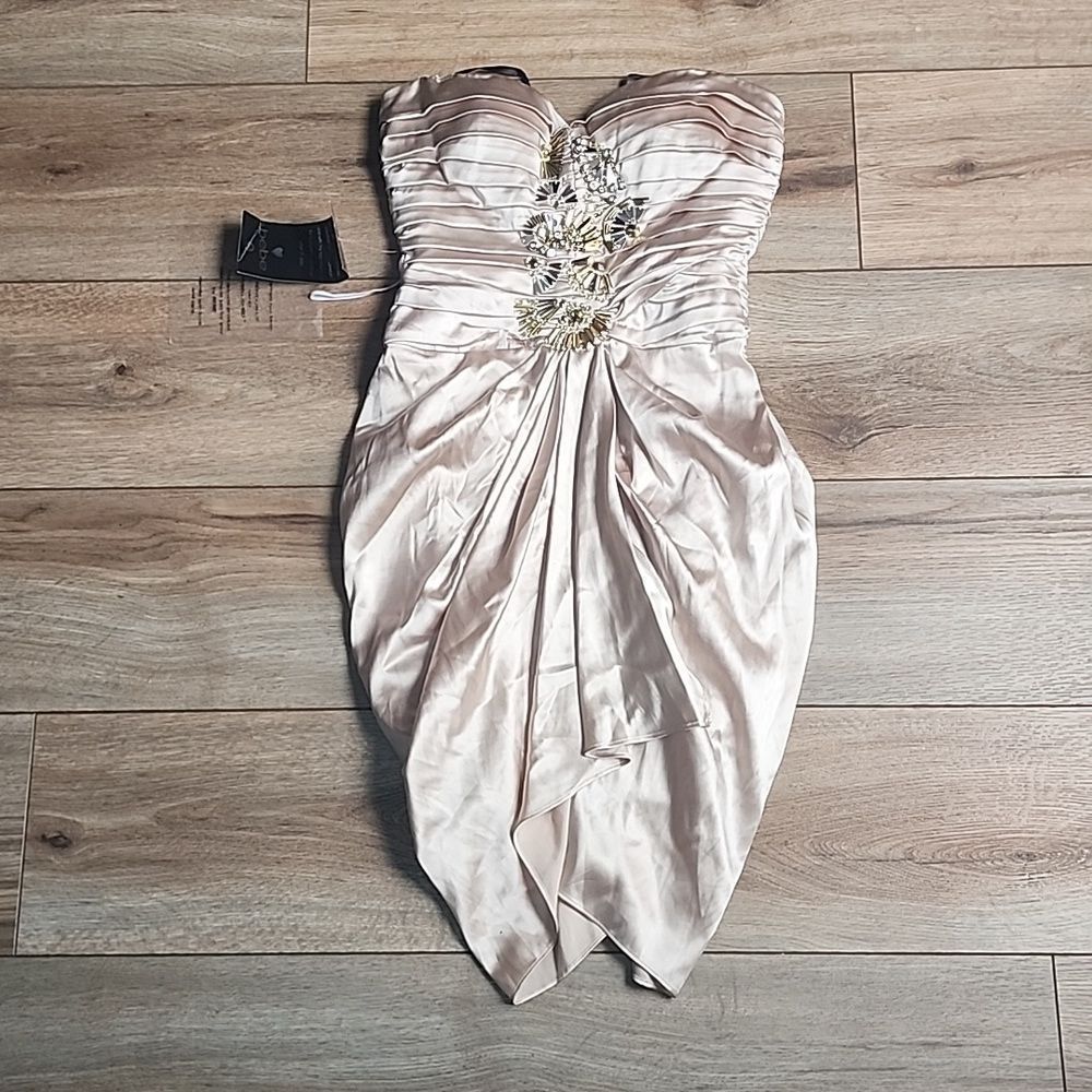 Bebe Maude Strapless Dress sz XS in Champagne Silk Blend